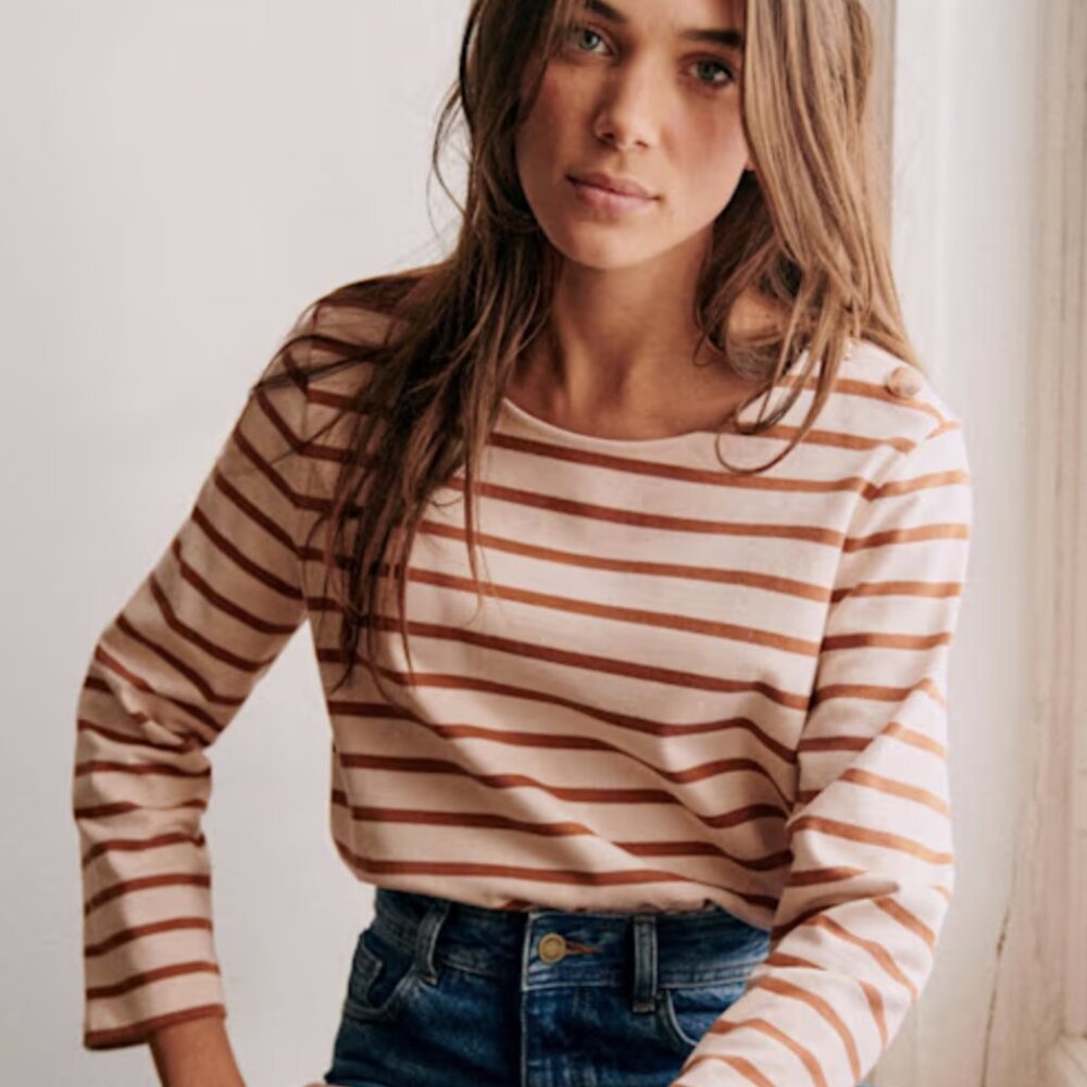 SEZANE COLETTE MARINIÈRE ECRU CAMEL STRIPED XL - Picture 2 of 6